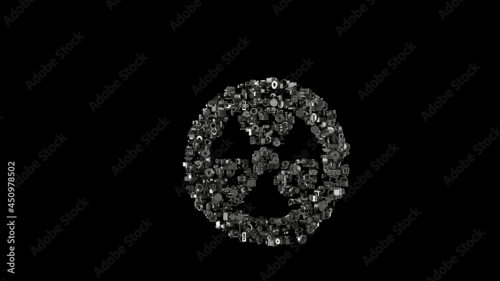 3d rendering mechanical parts in shape of symbol of radiation isolated on black background