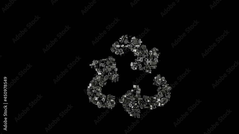 3d rendering mechanical parts in shape of symbol of recycle isolated on black background 3d rendering mechanical parts in shape of symbol of recycle isolated on black background