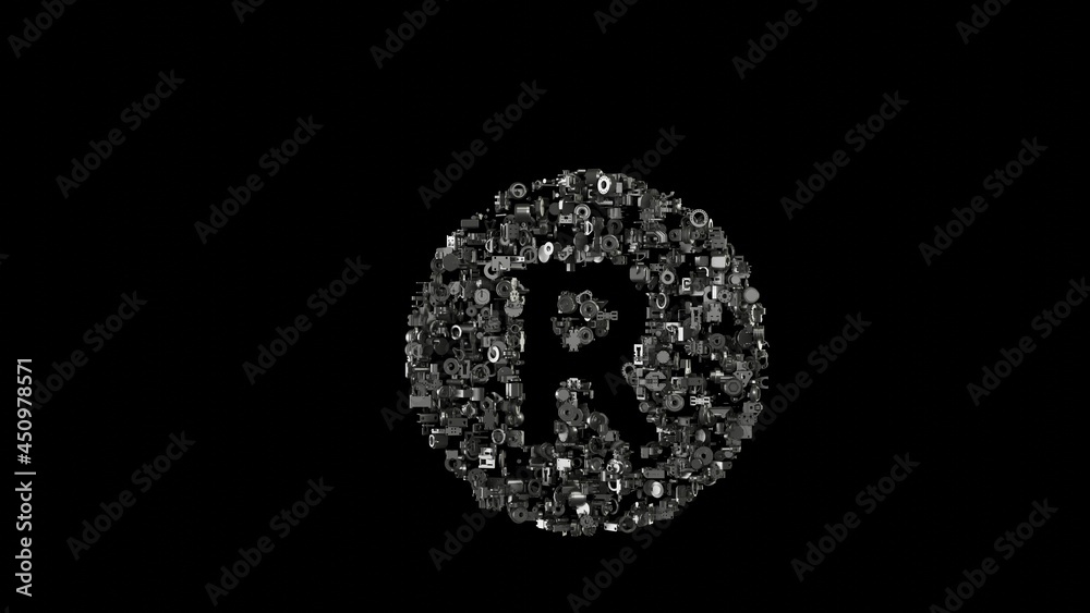 3d rendering mechanical parts in shape of symbol of registered isolated on black background