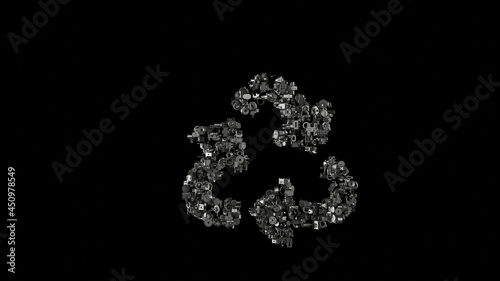 3d rendering mechanical parts in shape of symbol of recycle isolated on black background