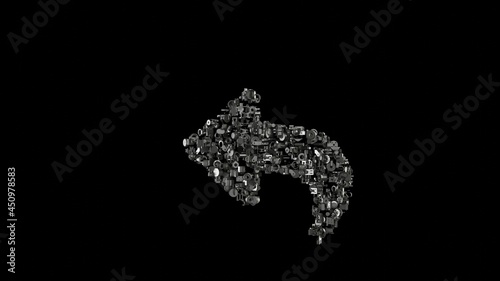 3d rendering mechanical parts in shape of symbol of reply isolated on black background
