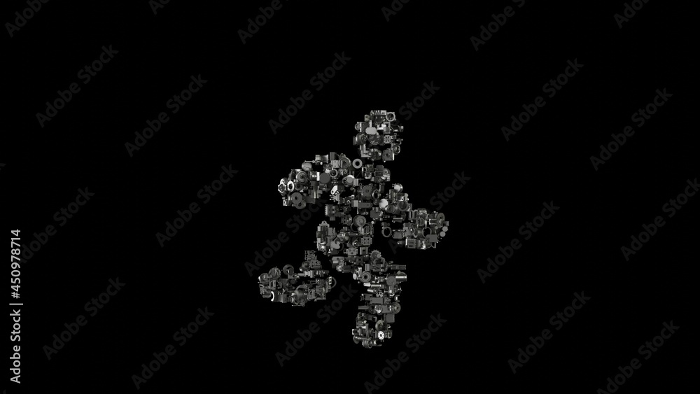 3d rendering mechanical parts in shape of symbol of running isolated on black background