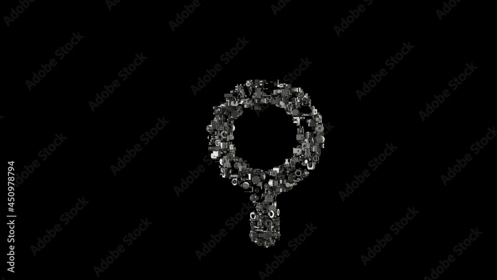 3d rendering mechanical parts in shape of symbol of search isolated on black background 3d rendering mechanical parts in shape of symbol of search isolated on black background