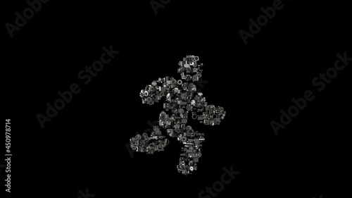 3d rendering mechanical parts in shape of symbol of running isolated on black background