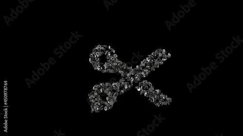 3d rendering mechanical parts in shape of symbol of scissors isolated on black background