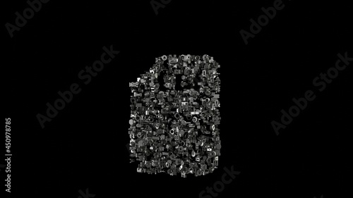 3d rendering mechanical parts in shape of symbol of sd card isolated on black background