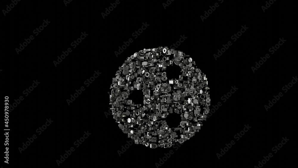 3d rendering mechanical parts in shape of symbol of share isolated on black background 3d rendering mechanical parts in shape of symbol of share isolated on black background