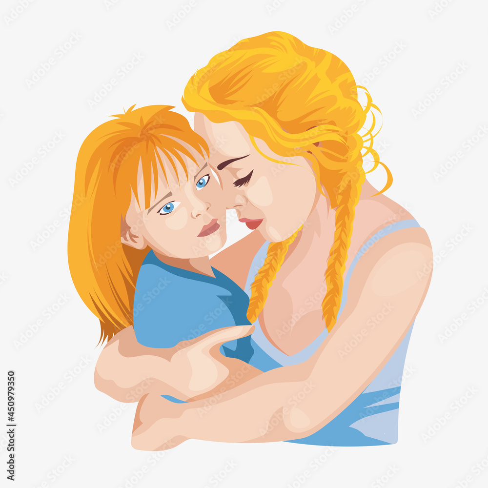 Mom hugs her daughter. Young blonde mother and her daughter. Emotions of love.Mothers day.Woman with her daughter. Hugs. Vector image on an isolated white background