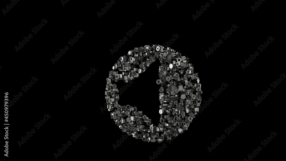 3d rendering mechanical parts in shape of symbol of speaker isolated on black background 3d rendering mechanical parts in shape of symbol of speaker isolated on black background