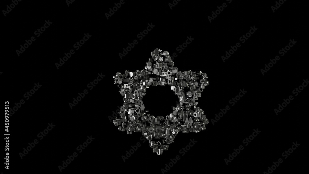 3d rendering mechanical parts in shape of symbol of star of David isolated on black background 3d rendering mechanical parts in shape of symbol of star of David isolated on black background
