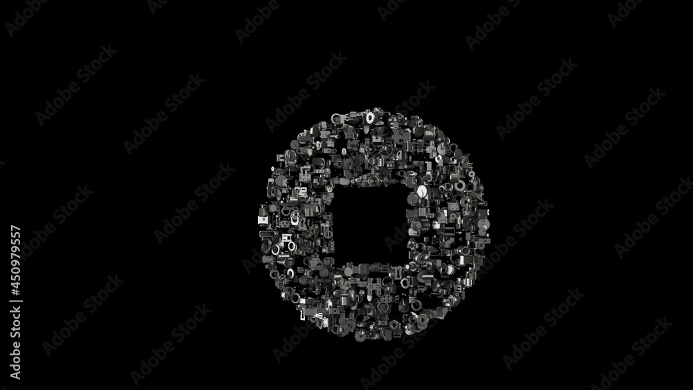 3d rendering mechanical parts in shape of symbol of stop circle isolated on black background