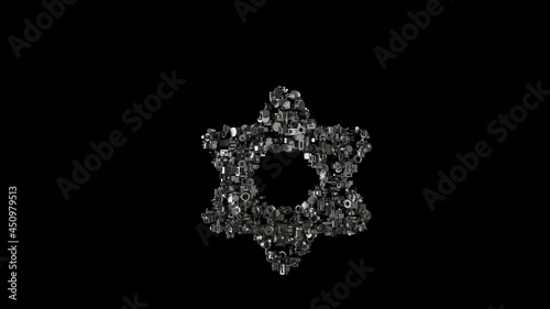 3d rendering mechanical parts in shape of symbol of star of David isolated on black background