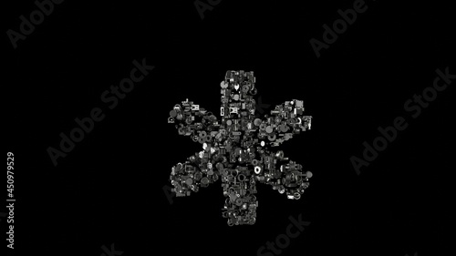 3d rendering mechanical parts in shape of symbol of star of life isolated on black background