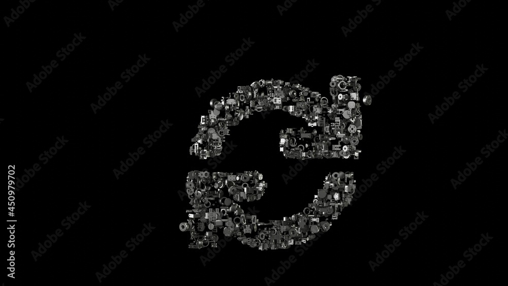 3d rendering mechanical parts in shape of symbol of sync isolated on black background