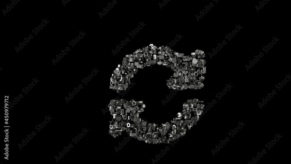 3d rendering mechanical parts in shape of symbol of sync alt isolated on black background