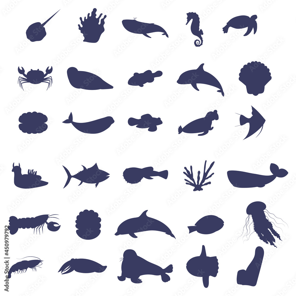 Set of sea animal silhouette on white background. Collection of underwater  life design element. Vector marine cartoon drawing. Part 1. Stock Vector |  Adobe Stock