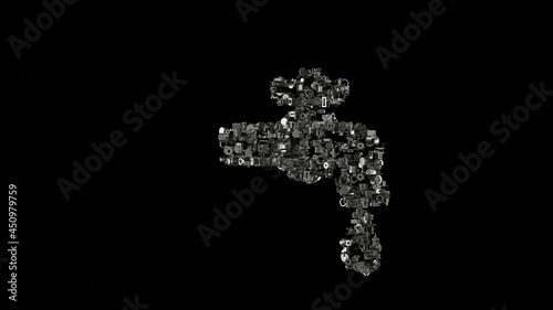 3d rendering mechanical parts in shape of symbol of tap isolated on black background
