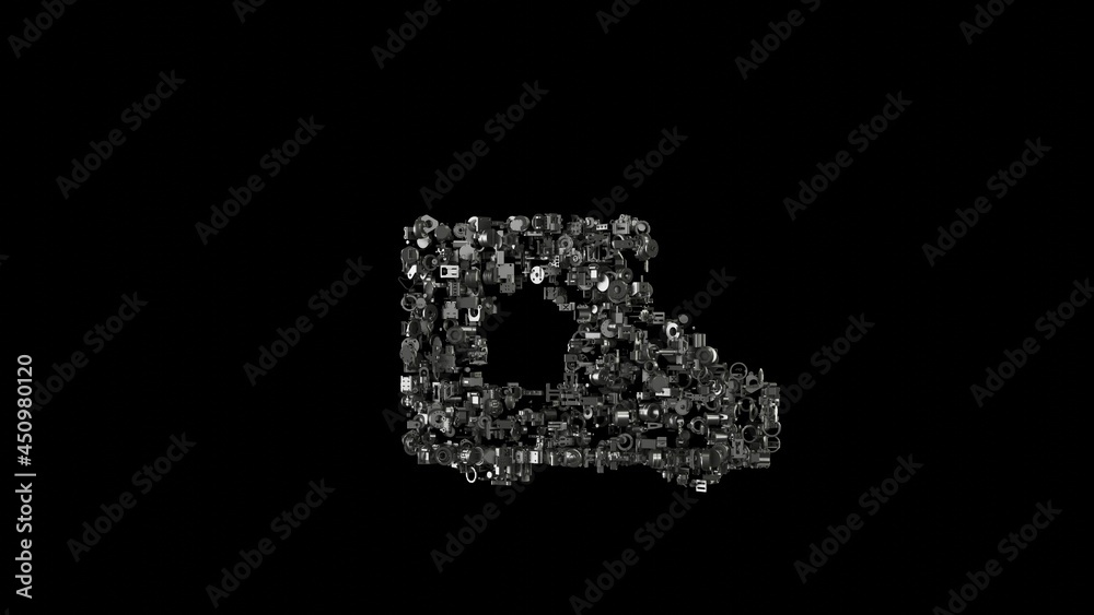 3d rendering mechanical parts in shape of symbol of truck isolated on black background