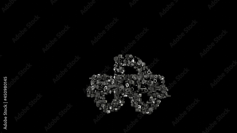 3d rendering mechanical parts in shape of symbol of truck pickup isolated on black background