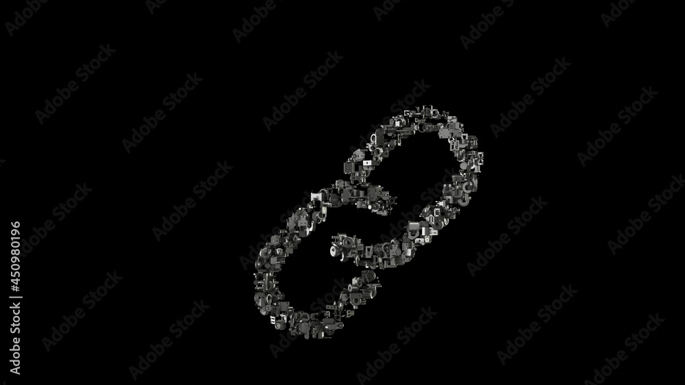 3d rendering mechanical parts in shape of symbol of unlink isolated on black background 3d rendering mechanical parts in shape of symbol of unlink isolated on black background