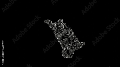 3d rendering mechanical parts in shape of symbol of trolley isolated on black background