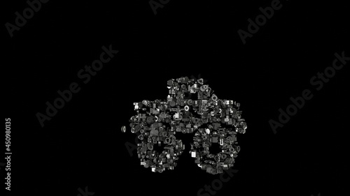 3d rendering mechanical parts in shape of symbol of truck monster isolated on black background