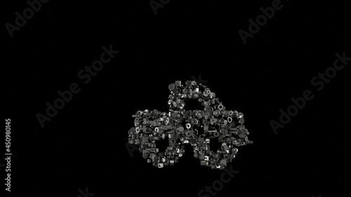3d rendering mechanical parts in shape of symbol of truck pickup isolated on black background
