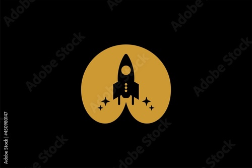 Rocket logo design. Blue planet sign symbol. Rocket launching icon vector. 