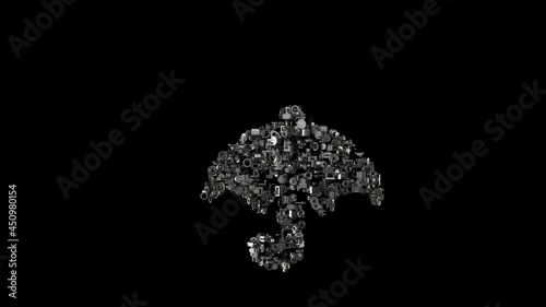 3d rendering mechanical parts in shape of symbol of umbrella isolated on black background