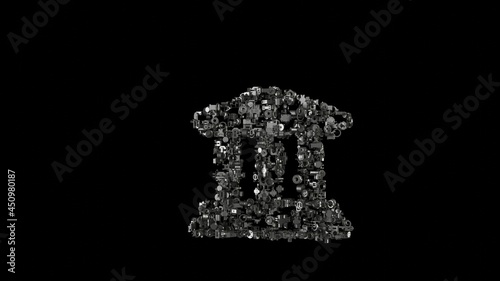 3d rendering mechanical parts in shape of symbol of university isolated on black background