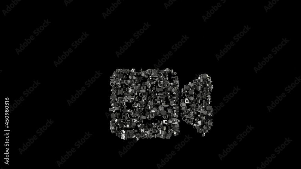 3d rendering mechanical parts in shape of symbol of video isolated on black background 3d rendering mechanical parts in shape of symbol of video isolated on black background