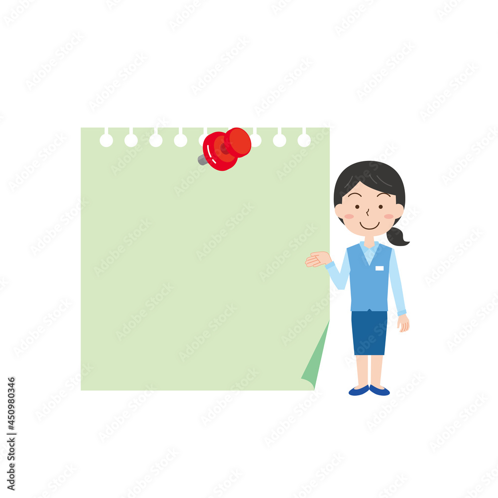 メモの横で解説案内する女性店員