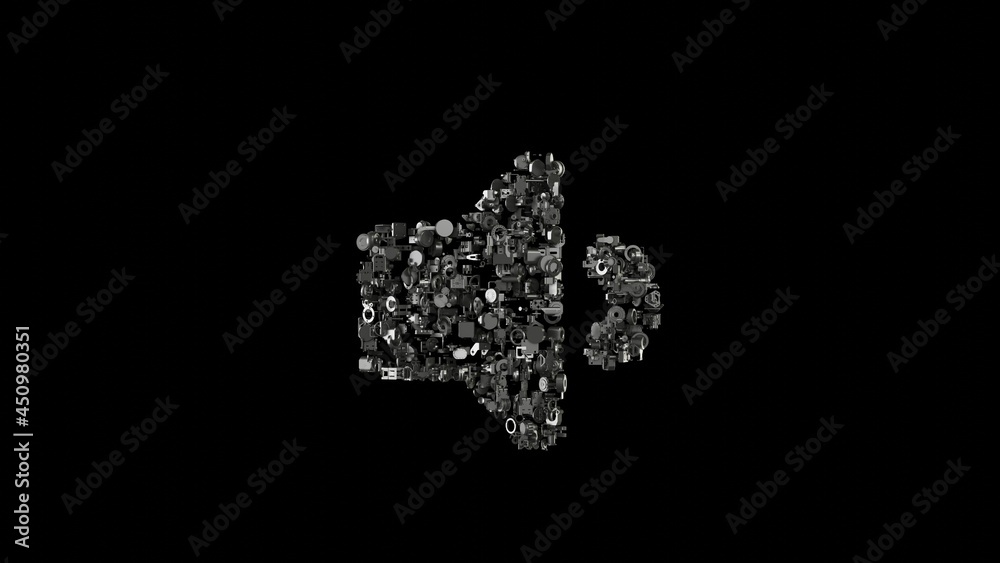 3d rendering mechanical parts in shape of symbol of volume down isolated on black background