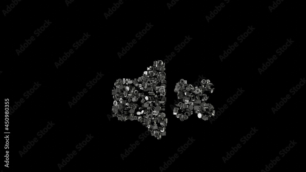 3d rendering mechanical parts in shape of symbol of volume mute isolated on black background 3d rendering mechanical parts in shape of symbol of volume mute isolated on black background