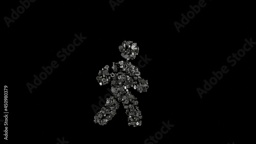 3d rendering mechanical parts in shape of symbol of walking isolated on black background