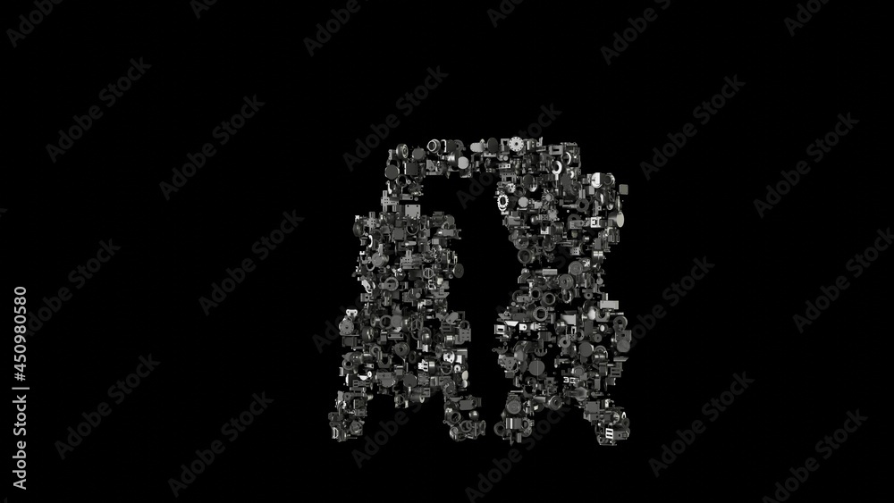 3d rendering mechanical parts in shape of symbol of alchemy isolated on black background