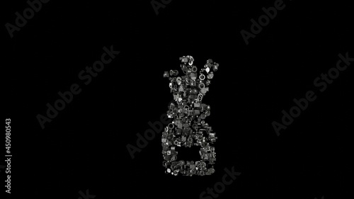 3d rendering mechanical parts in shape of symbol of air freshener isolated on black background