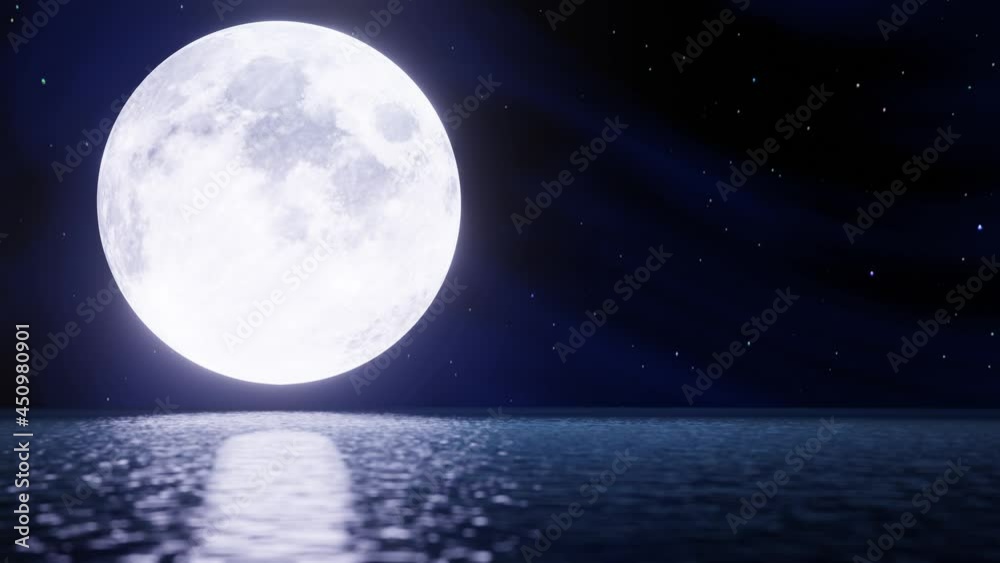 The blue full moon is reflected in the sea. A wave and movement of water from the ocean to the island. The sky has many stars. Ripples on the sea at night. 3D Rendering The blue full moon is reflected in the sea. A wave and movement of water from the ocean to the island. The sky has many stars. Ripples on the sea at night. 3D Rendering