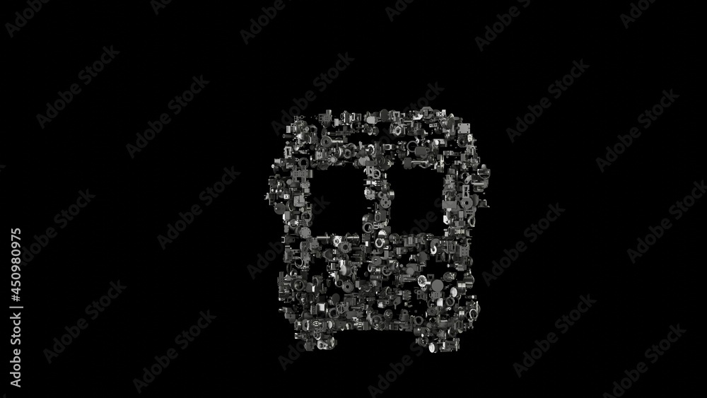 3d rendering mechanical parts in shape of symbol of bus front view isolated on black background