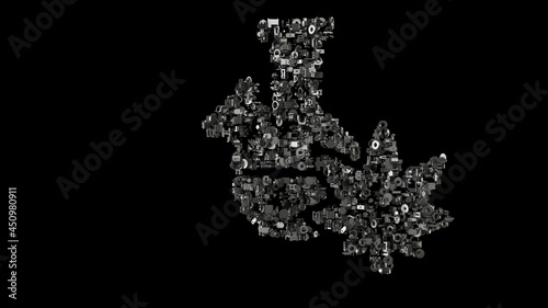 3d rendering mechanical parts in shape of symbol of bong isolated on black background
