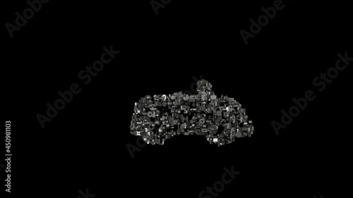 3d rendering mechanical parts in shape of symbol of car isolated on black background