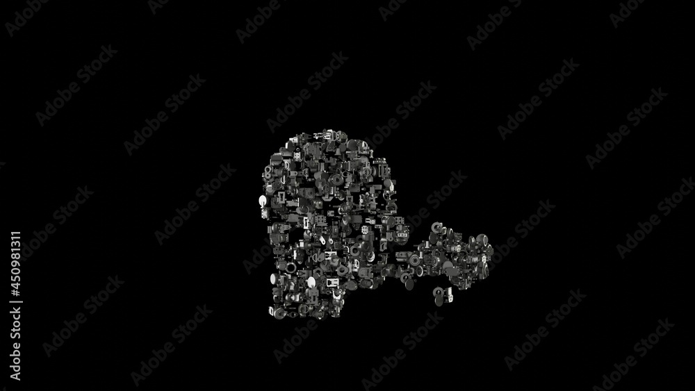 3d rendering mechanical parts in shape of symbol of cough isolated on black background