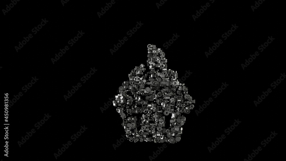 3d rendering mechanical parts in shape of symbol of cupcake isolated on black background