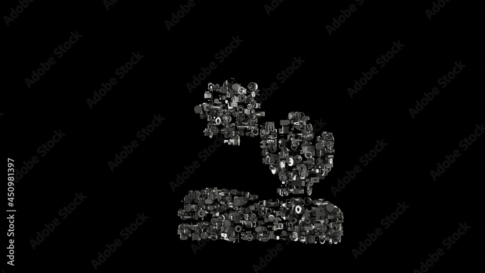 3d rendering mechanical parts in shape of symbol of desert isolated on black background