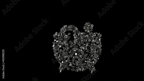 3d rendering mechanical parts in shape of symbol of cauldron isolated on black background