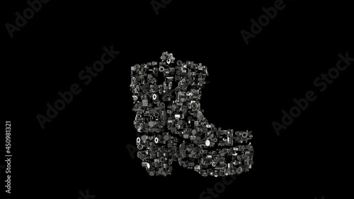 3d rendering mechanical parts in shape of symbol of cowboy boot isolated on black background