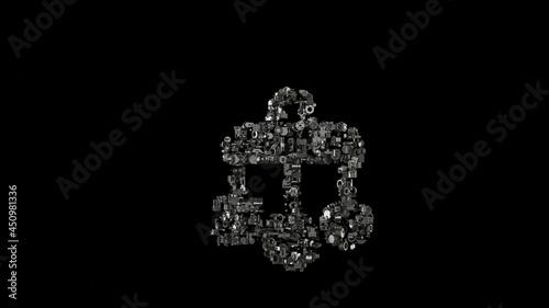 3d rendering mechanical parts in shape of symbol of crib mobile isolated on black background
