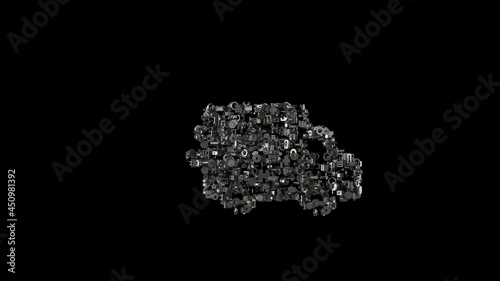 3d rendering mechanical parts in shape of symbol of delivery van isolated on black background