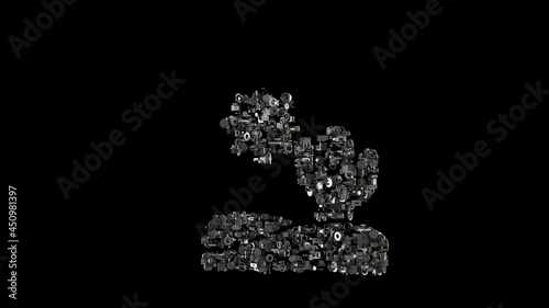 3d rendering mechanical parts in shape of symbol of desert isolated on black background