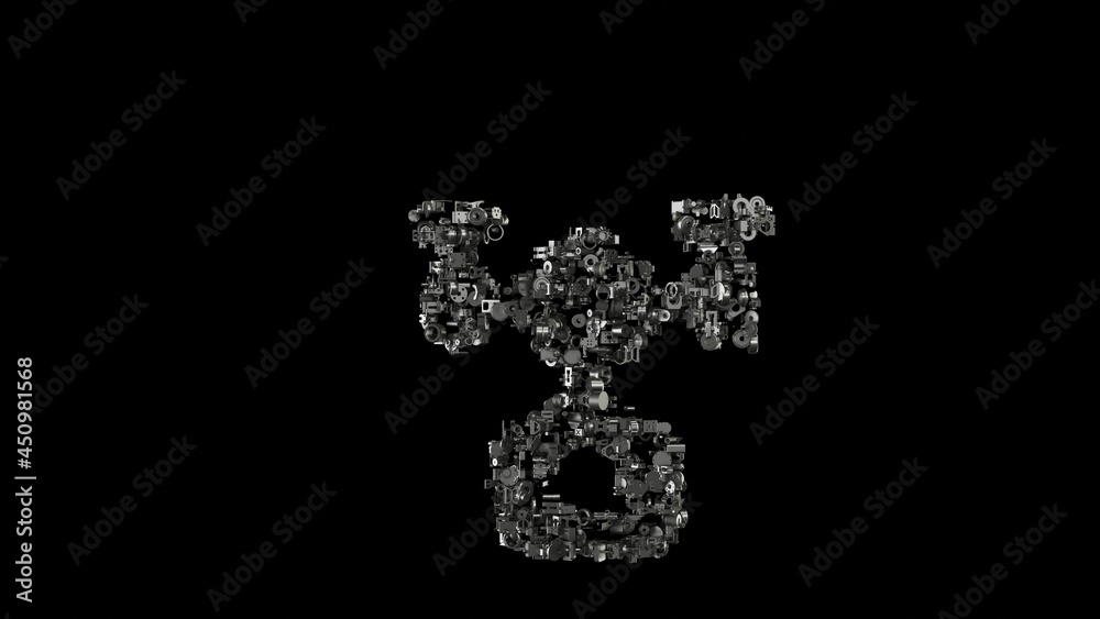3d rendering mechanical parts in shape of symbol of drone isolated on black background